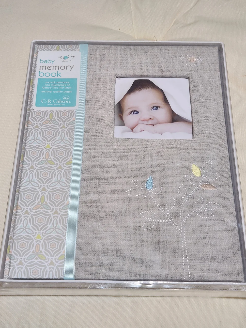 Gibson Gray Fabric Baby Memory Book with Pastel Leaf Embroidery